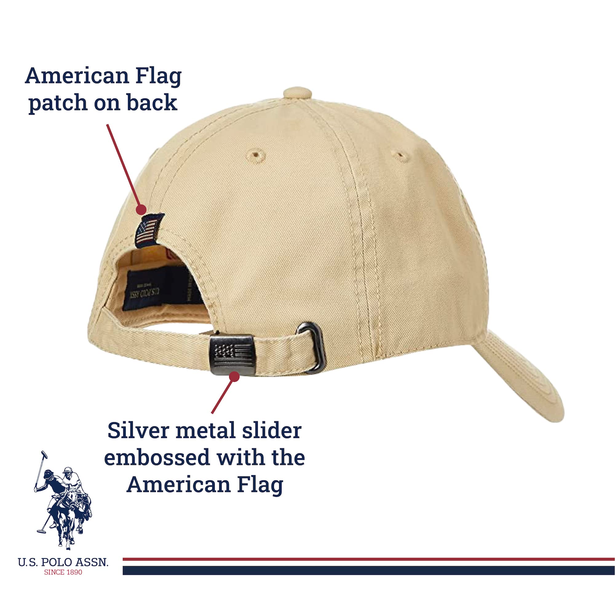 U.S. Polo Assn. Dad Hat, Embroidered Horse Logo Adjustable Adult Baseball Cap with Diagonal Accent Stripes, Khaki, One Size