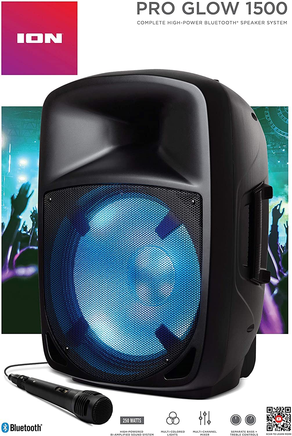 Ion Audio Pro Glow 1500 Portable Bluetooth Speaker - Complete High-Power Speaker System with Microphone & Party Light Effects (Renewed)