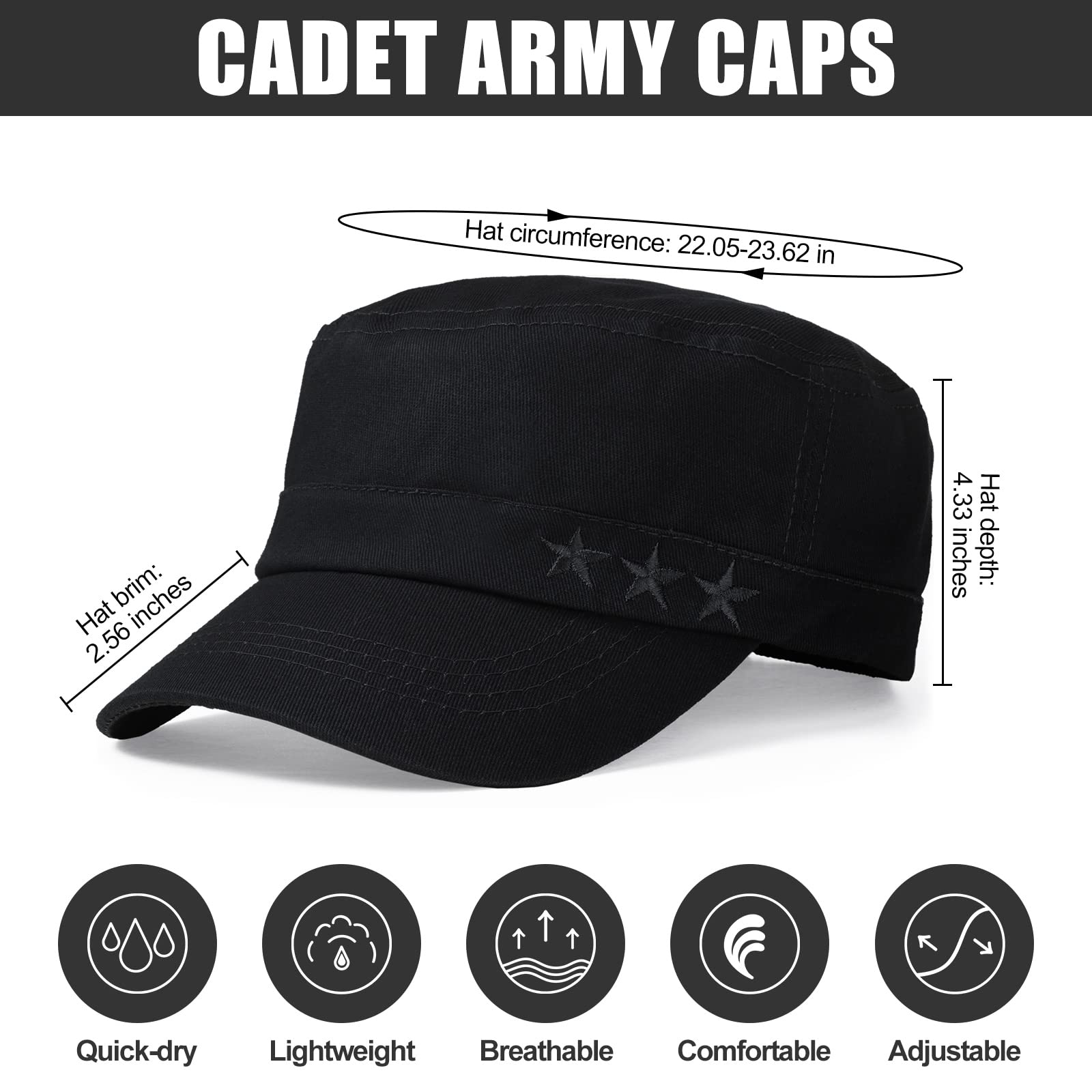 3 Pack Men's Cotton Military Caps Cadet Army Caps Five Pointed Star Military Hats for Men Solid Patrol Cap Flat Top Hats (Black, Army Green, Navy Blue)