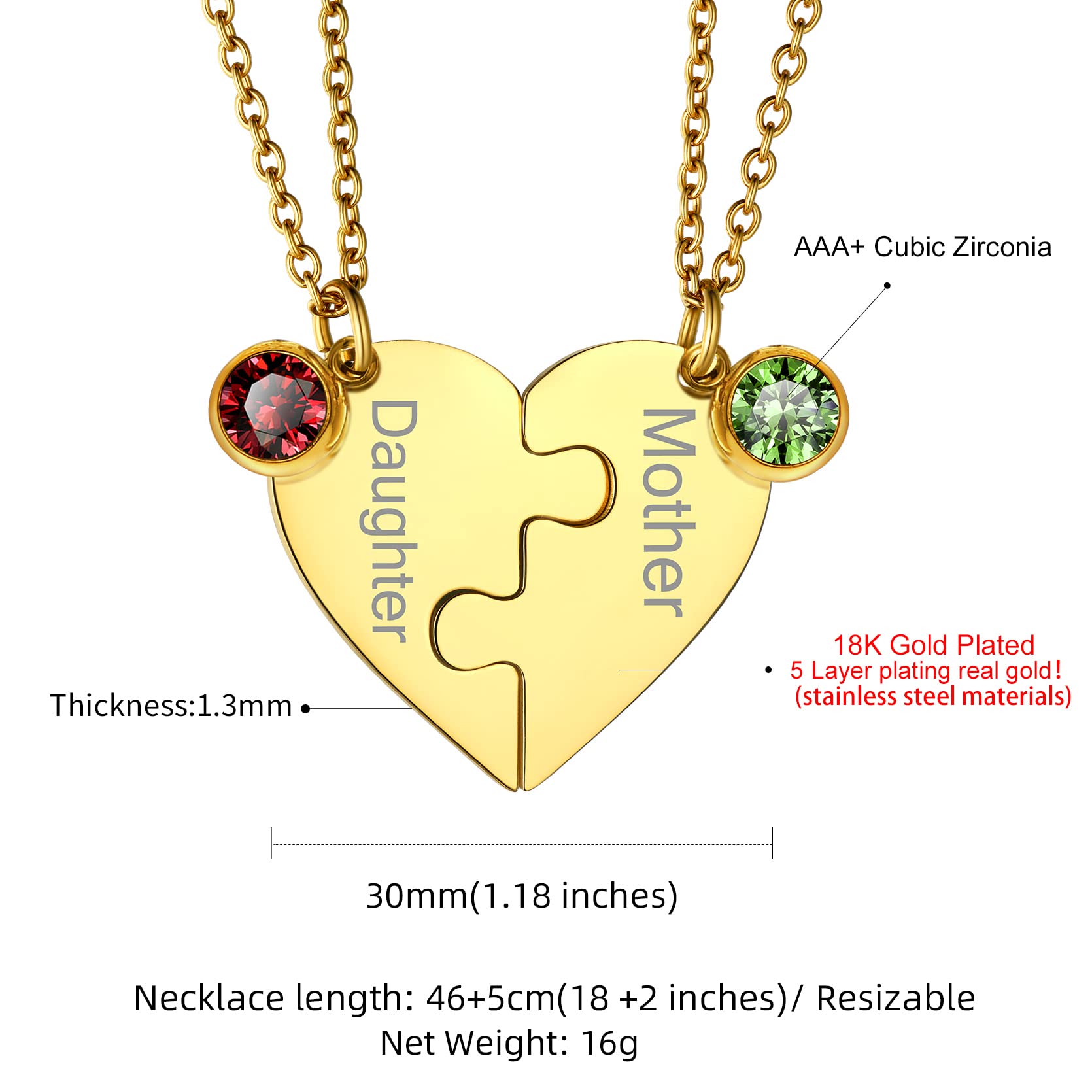 GOLDCHIC JEWELRY Gold Split Necklaces For Couples, Personalised Engraved Birthstones Matching Heart Pendant For 2