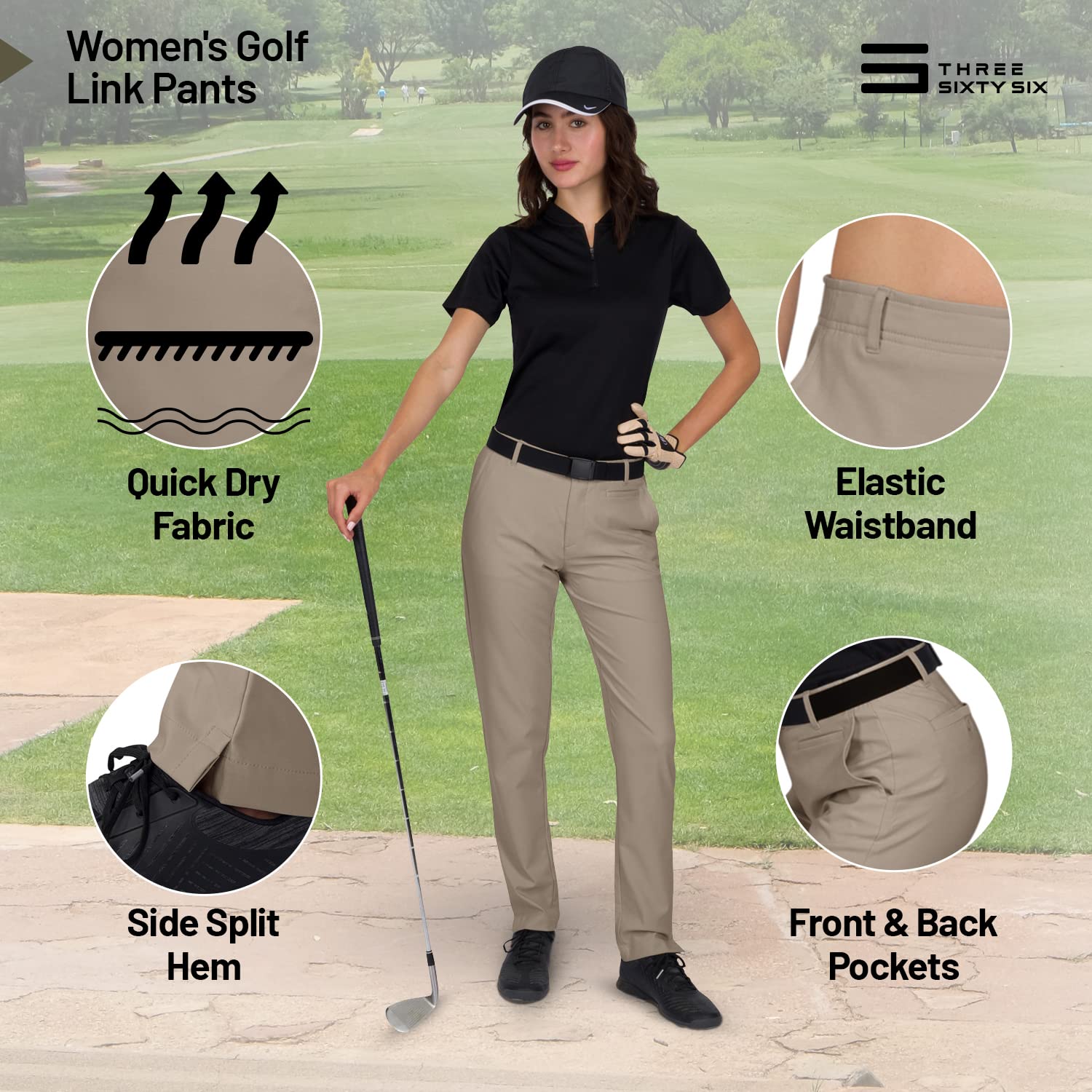 Three Sixty Six Women’s Quick Dry Golf Pants 30 Inch Inseam - Lightweight 4-Way Stretch, Moisture Wicking, Anti-Odor, UPF 50+ Jet Black