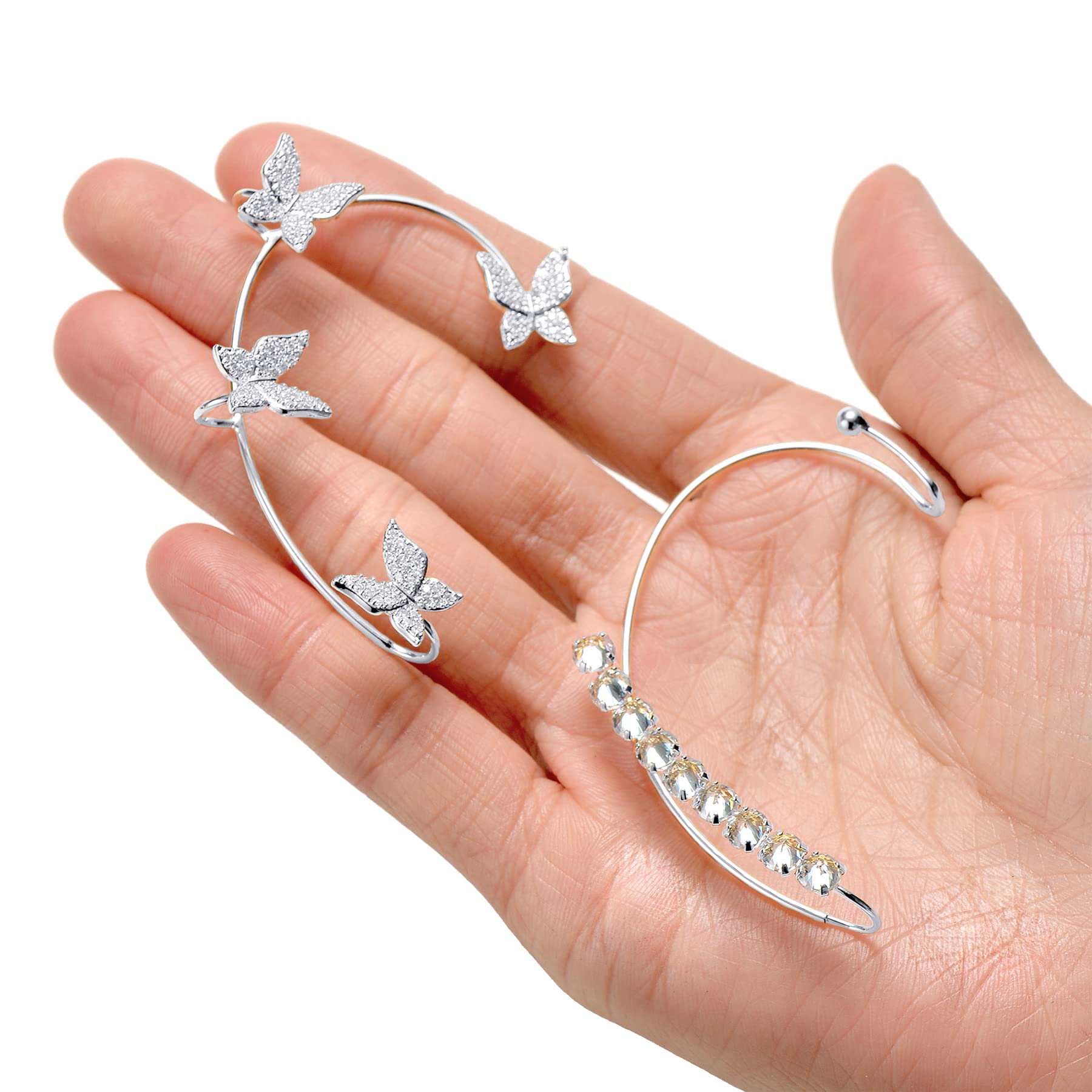 Tornito 4Pcs Butterfly Long Tassel Ear Cuff Dangle Chain Earrings Wrap Crawler CZ Earrings No Piercing Ear Clip Wrap Around Fake Earrings for Women Silver Tone Right Ear