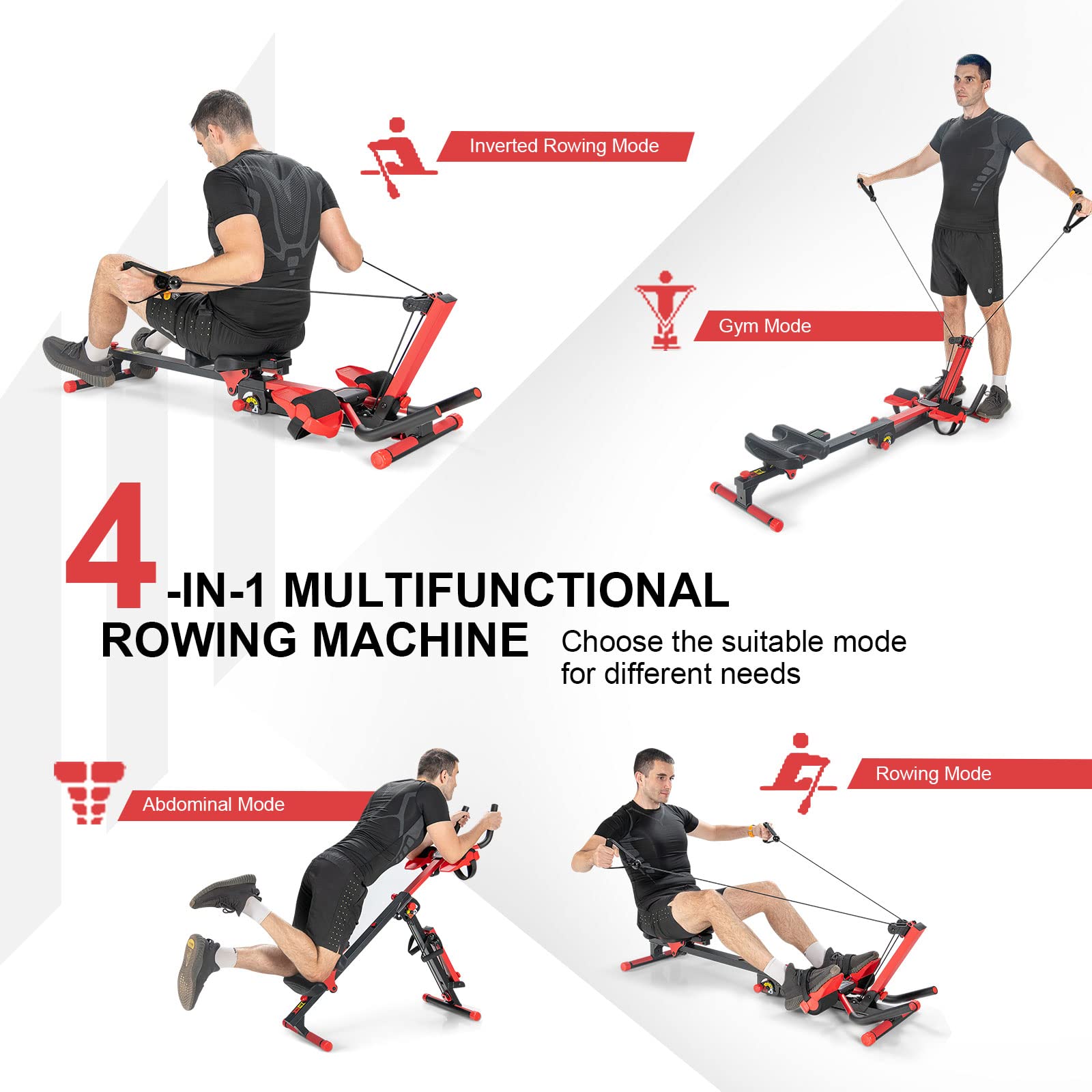 Goplus 4 in 1 Folding Rowing Machine, AB Crunch Workout Machine w/3-Level Angle & Adjustable Tension, Control Panel, Multi-function Rower AB Fitness Equipment for Home & Gym Use