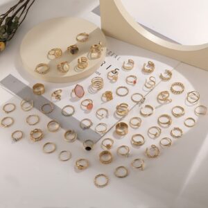 17KM 60Pcs Gold Crystal Vintage Ring Sets for Women, Boho Knuckle Stackable Midi Rings Pack, Aesthetic Grunge Finger Rings Sets for Jewelry