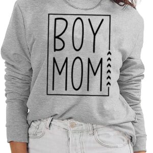 MYCHTE Boy Mom Sweatshirt for Women Casual Fall Winter Long Sleeve Pullover Tops Funny Letter Print Boy Mama T Shirt (XL, Gray)