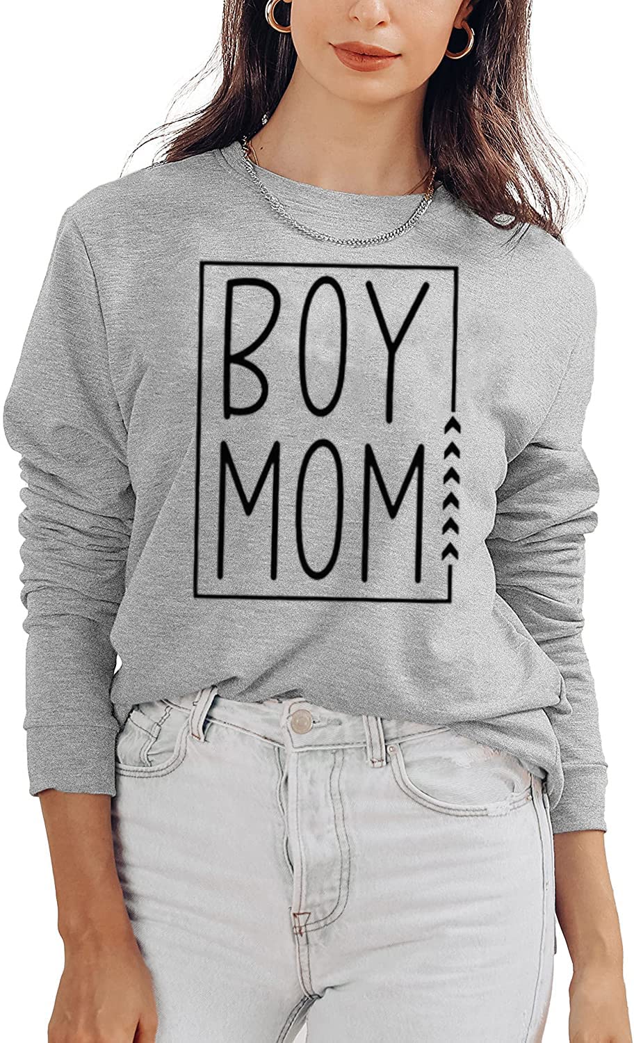 MYCHTE Boy Mom Sweatshirt for Women Casual Fall Winter Long Sleeve Pullover Tops Funny Letter Print Boy Mama T Shirt (XL, Gray)