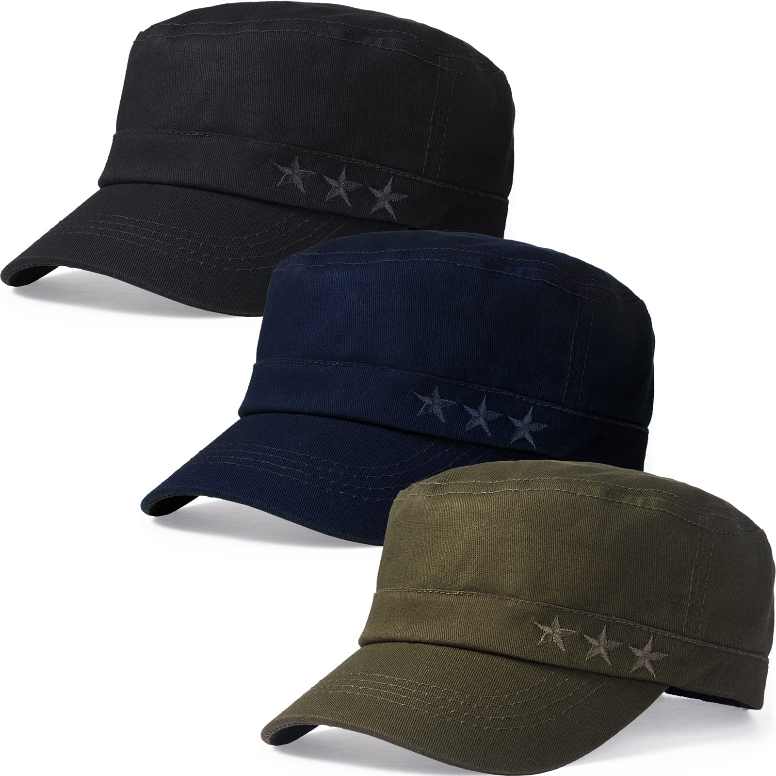 3 Pack Men's Cotton Military Caps Cadet Army Caps Five Pointed Star Military Hats for Men Solid Patrol Cap Flat Top Hats (Black, Army Green, Navy Blue)