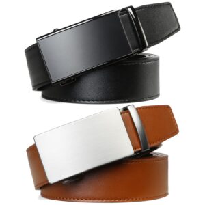 2 Pack Ratchet Belt 1 3/8", Leather Dress Belt with Click Sliding Buckle in Gift Set Box, Mens Adjustable Belt Trim to Fit (Black/Brown leather belt, 28"-42" Waist Adjustable)