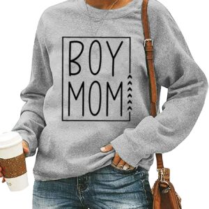 Boy Mom Sweatshirt for Women Casual Fall Winter Long Sleeve Pullover Tops Funny Letter Print Boy Mama T Shirt (M, Gray)