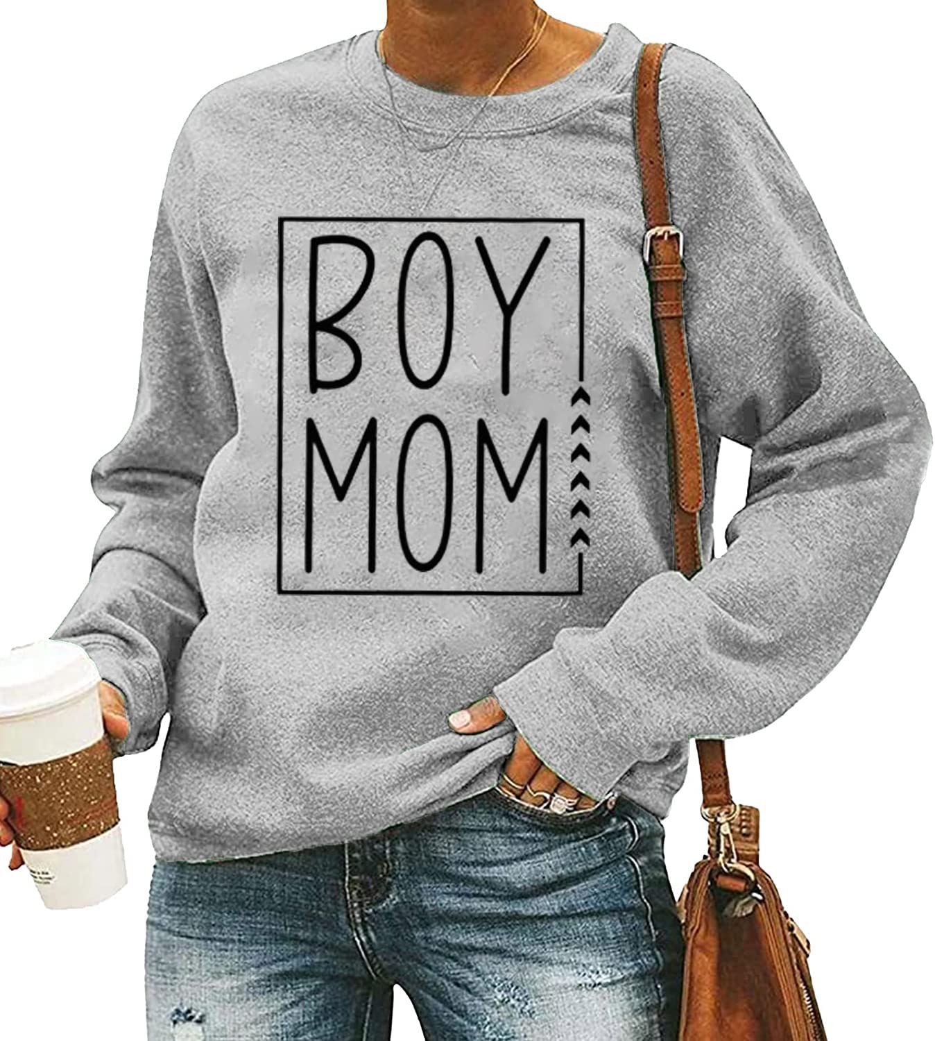 MYCHTE Boy Mom Sweatshirt for Women Casual Fall Winter Long Sleeve Pullover Tops Funny Letter Print Boy Mama T Shirt (XL, Gray)