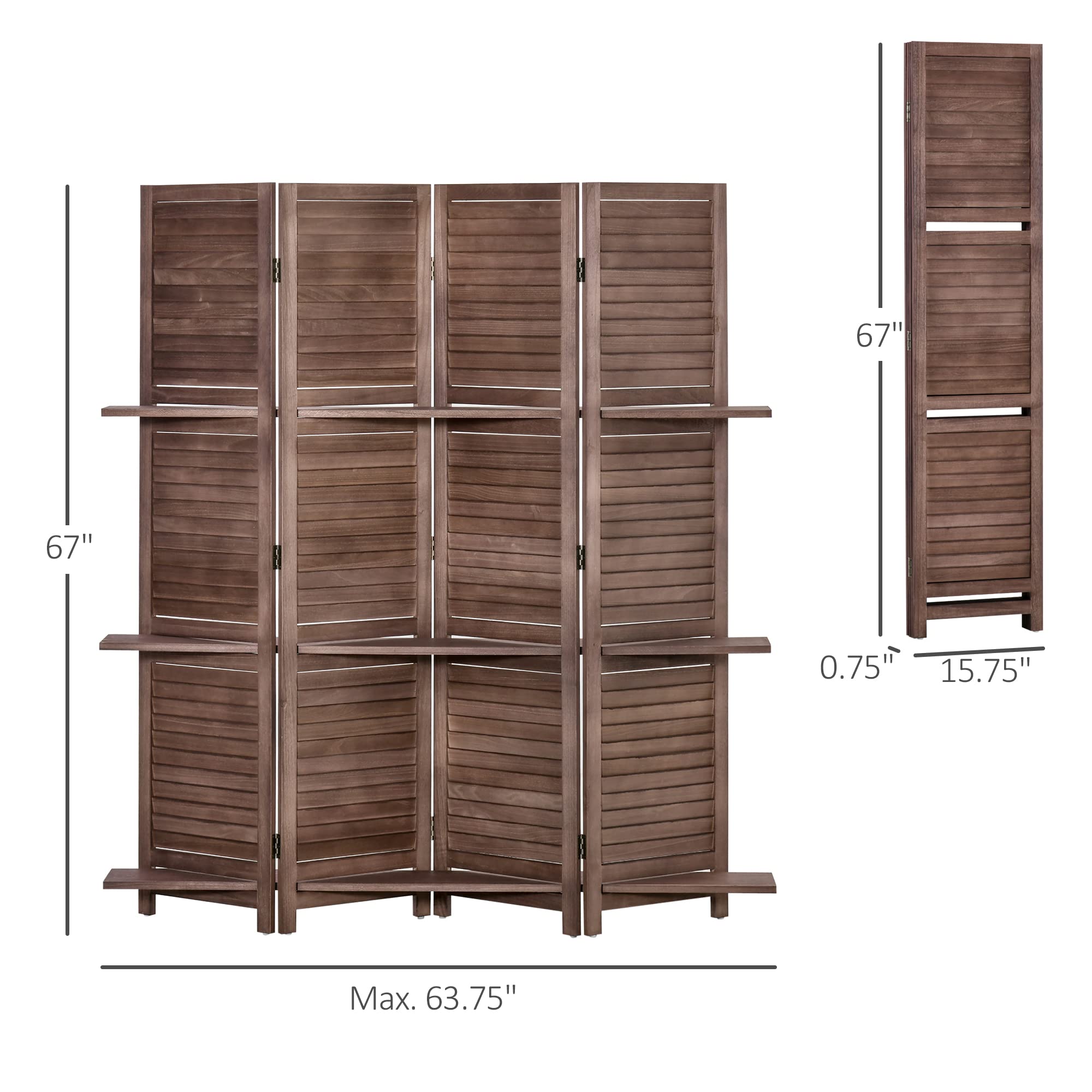 HOMCOM 4-Panel Folding Room Divider, 5.6 Ft Freestanding Paulownia Wood Privacy Screen Panel with Storage Shelves for Bedroom or Office, Walnut