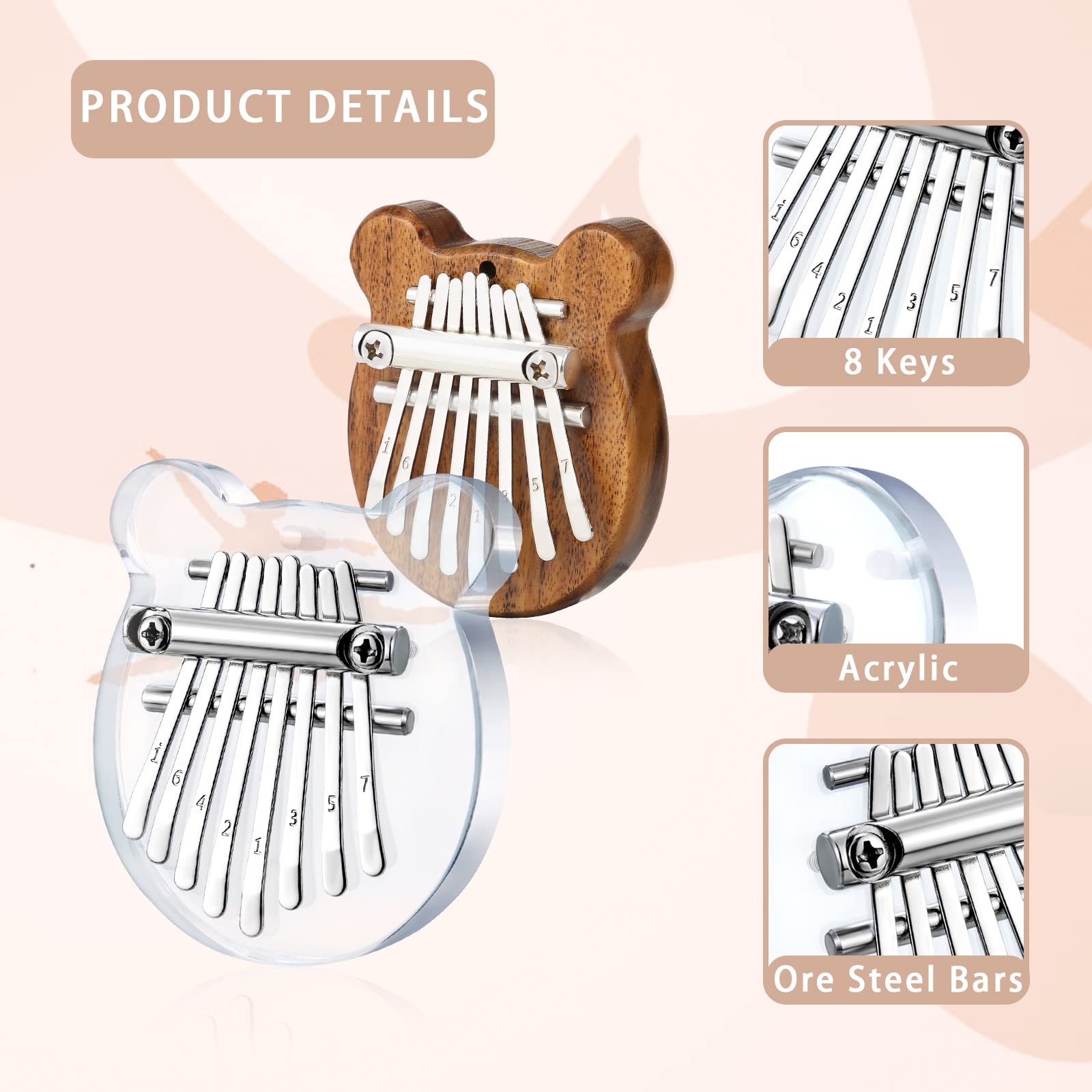 2 Pack Mini Kalimba Thumb Piano 8 Keys,Portable Solid Wood and Acrylic Mbira Finger Piano for Kids and Adults,Pocket Musical Gifts for Beginners w/Chain