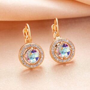 Austrian Crystal Halo Round Drop Leverback Earrings for Women 14K Rose Gold Plated Hypoallergenic Jewelry (Aurora Borealis)