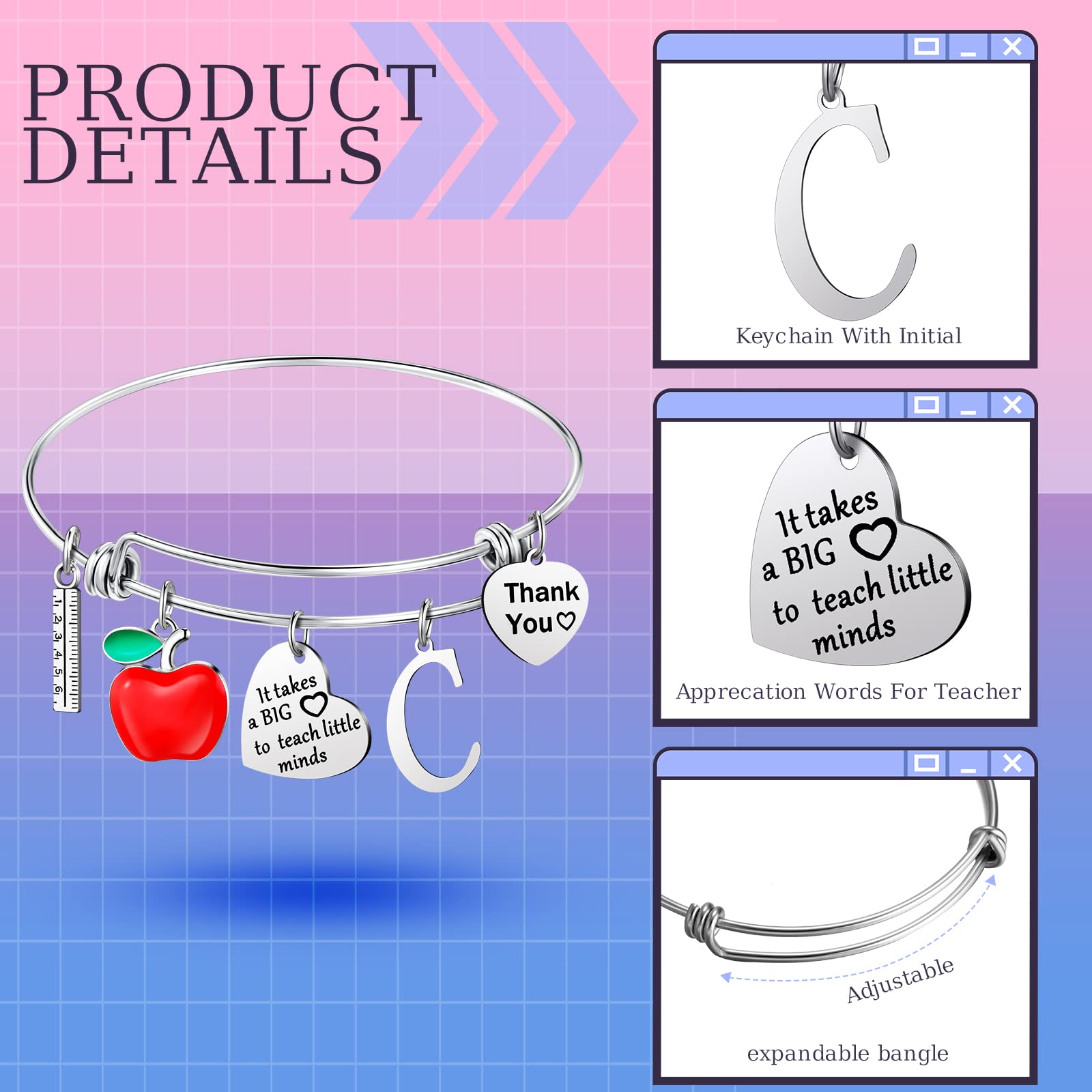 MTLEE Teacher Appreciation Gift Teacher Bracelet Bangle Gift Teacher Thank You Keychain with Initial(Letter C Style)