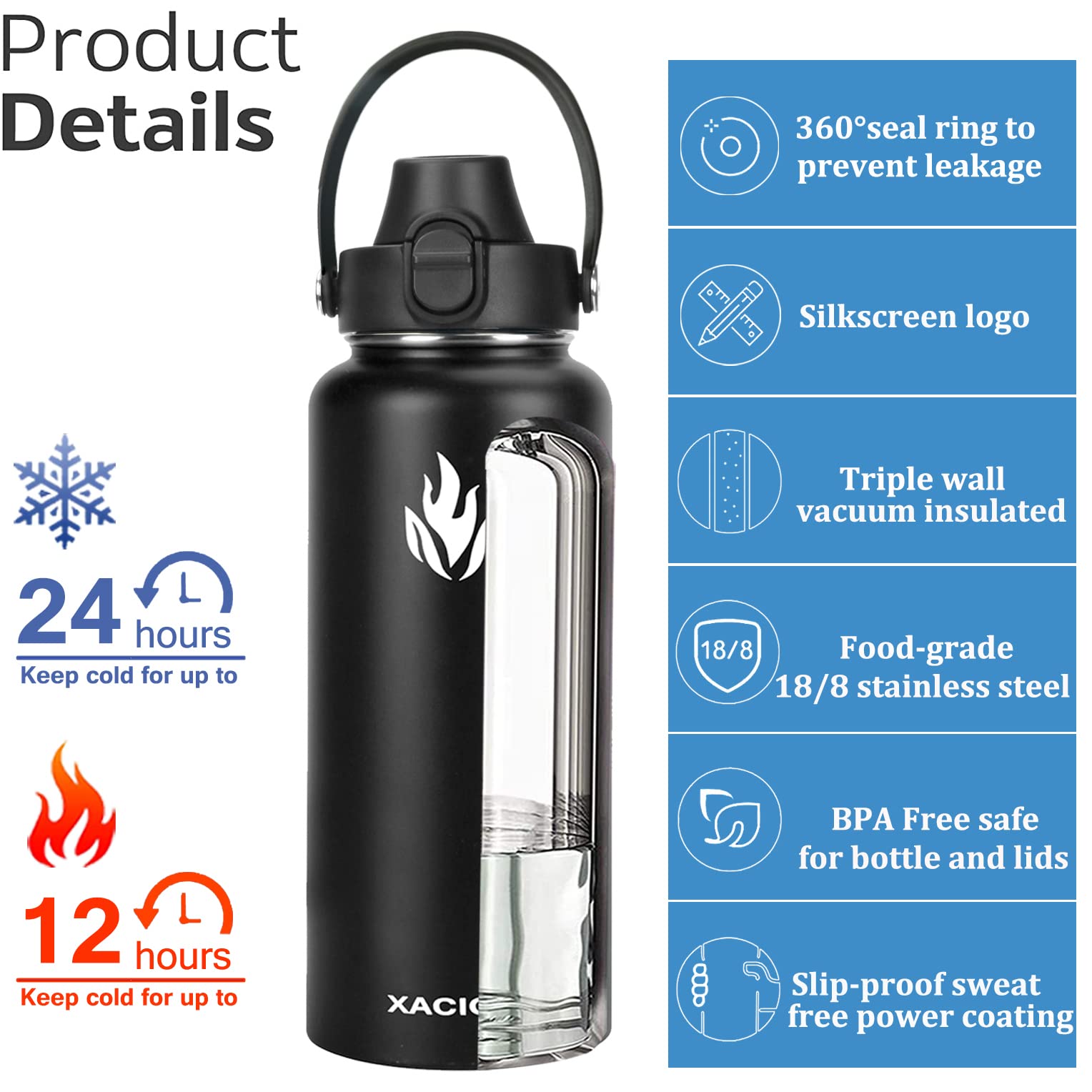 XACIOA 32oz Water Bottle,Vacuum Insulated Stainless Steel Water Flask with Straw Lid Auto Spout Lid Sport Lid,Leak Proof,Double Walled Travel Drink Mug,Metal Canteen,Hot Cold Water Bottles