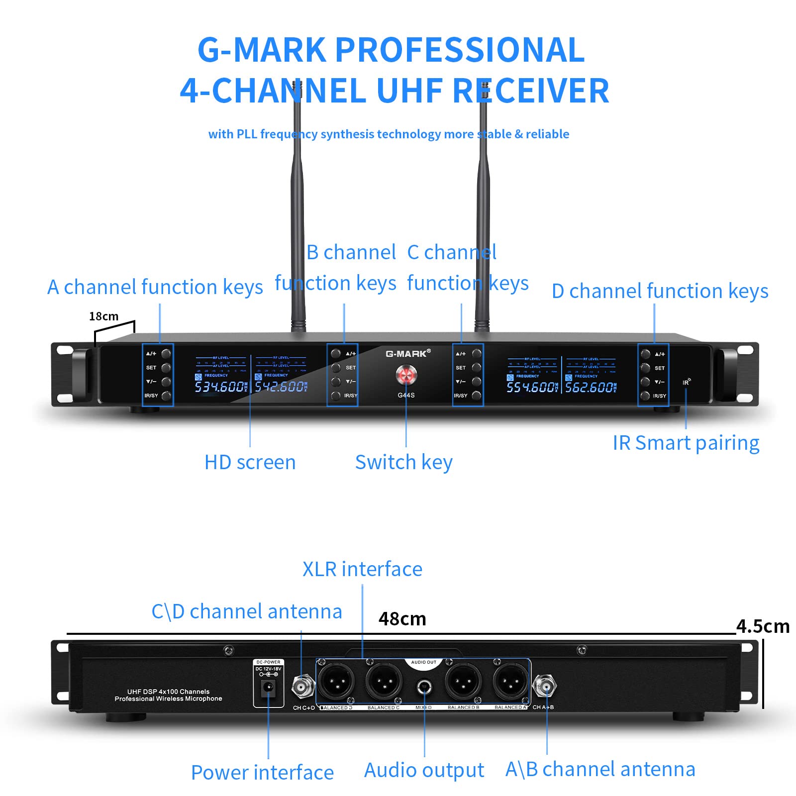 G-MARK UHF Wireless Microphone System G44S Karaoke 4 Channels Cordless Microphone System, Frequency Adjustable 100M/328FT for Stage Church, Metal Body with Case