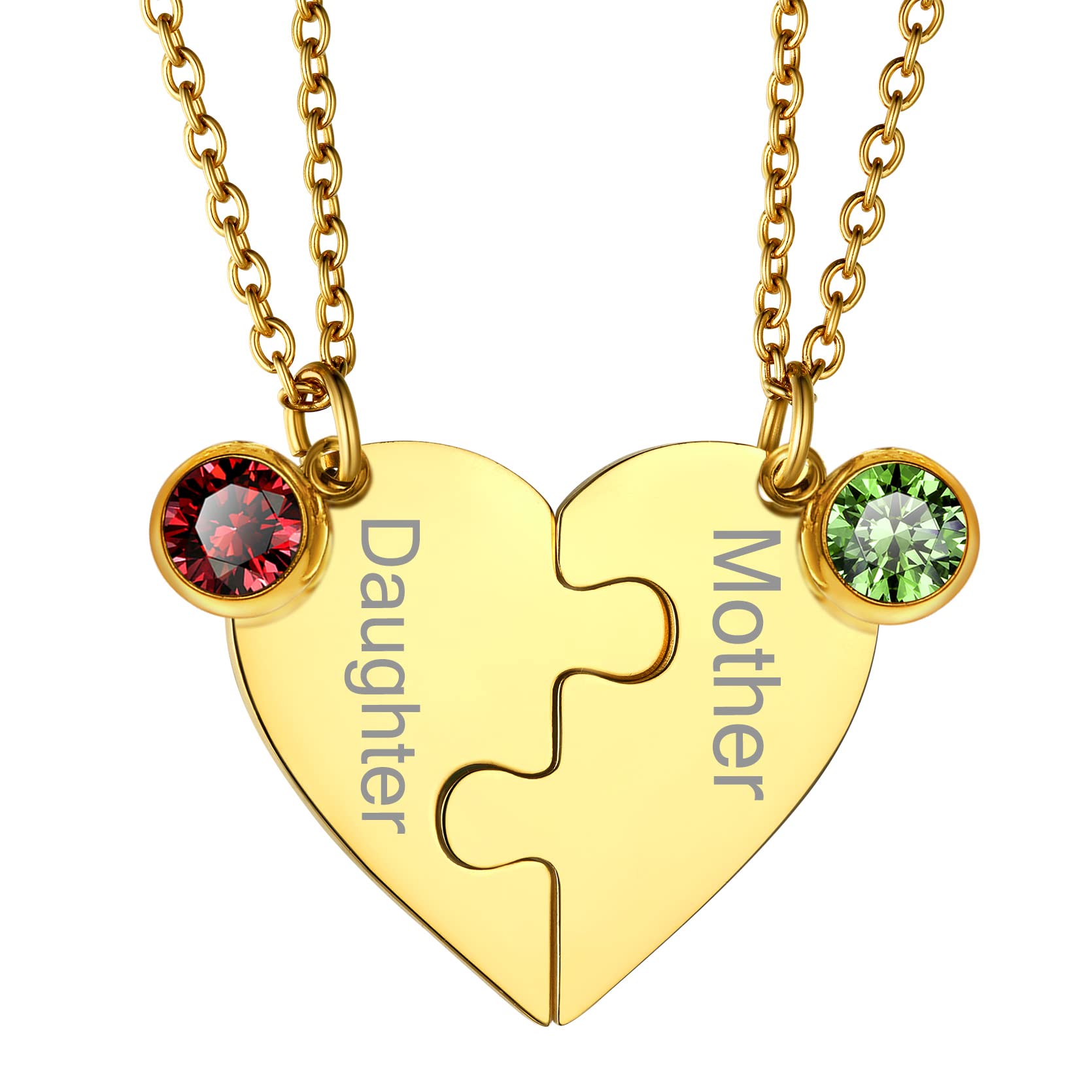 GOLDCHIC JEWELRY Gold Split Necklaces For Couples, Personalised Engraved Birthstones Matching Heart Pendant For 2