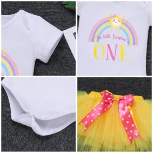 You Are My Sunshine Baby Girl 1st First Birthday Cake Smash Outfit Rainbow One Year Old Party Clothes Cotton Short Sleeve Romper Yellow Princess Tutu Tulle Skirt Flower Headband 3pcs Set Yellow