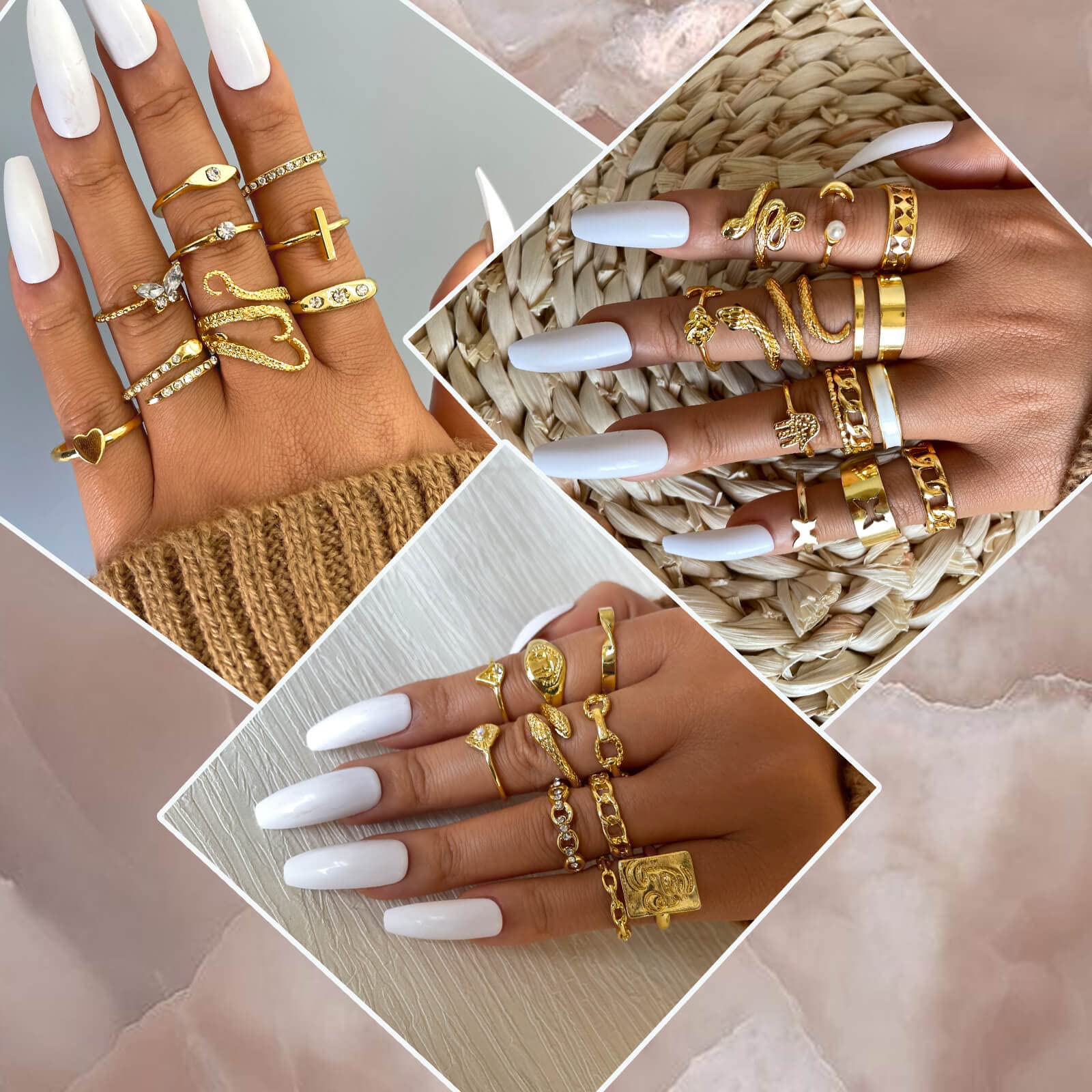 17KM 60Pcs Gold Crystal Vintage Ring Sets for Women, Boho Knuckle Stackable Midi Rings Pack, Aesthetic Grunge Finger Rings Sets for Jewelry