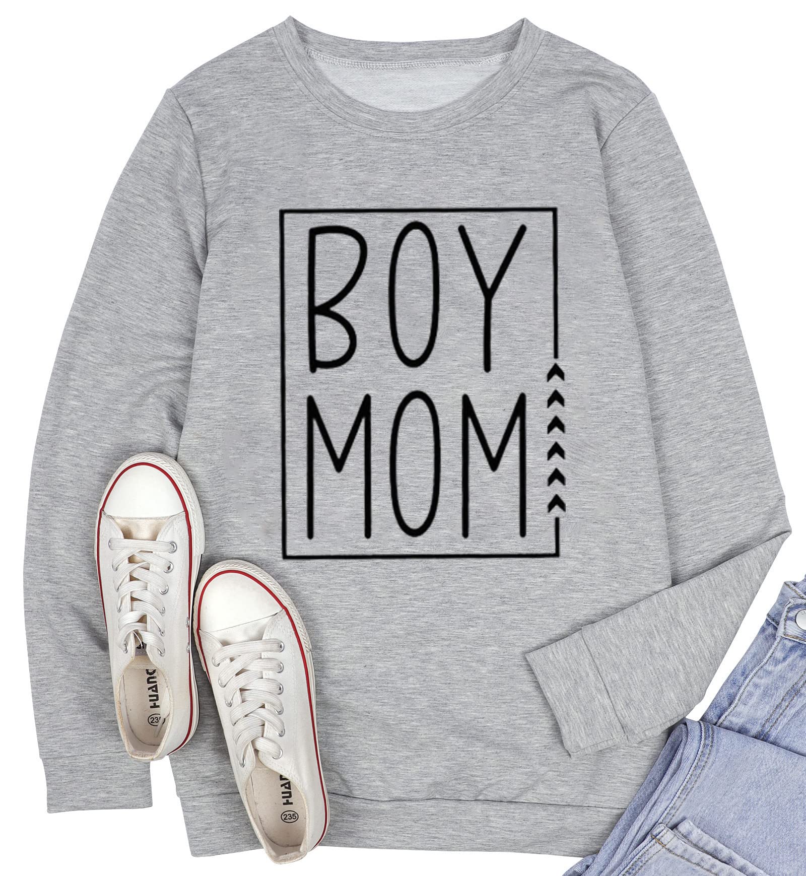 MYCHTE Boy Mom Sweatshirt for Women Casual Fall Winter Long Sleeve Pullover Tops Funny Letter Print Boy Mama T Shirt (XL, Gray)