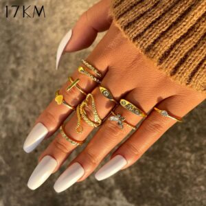 17KM 60Pcs Gold Crystal Vintage Ring Sets for Women, Boho Knuckle Stackable Midi Rings Pack, Aesthetic Grunge Finger Rings Sets for Jewelry