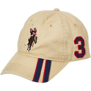 u.s. polo assn. dad hat, embroidered horse logo adjustable adult baseball cap with diagonal accent stripes, khaki, one size