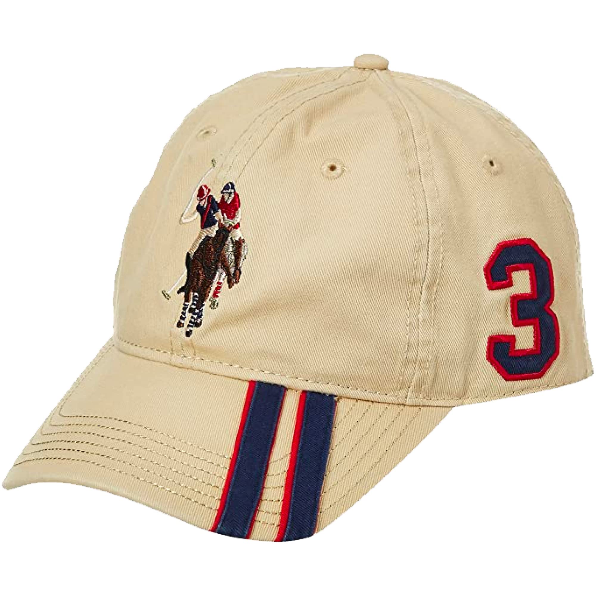 U.S. Polo Assn. Dad Hat, Embroidered Horse Logo Adjustable Adult Baseball Cap with Diagonal Accent Stripes, Khaki, One Size