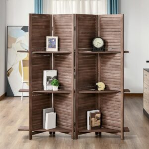 HOMCOM 4-Panel Folding Room Divider, 5.6 Ft Freestanding Paulownia Wood Privacy Screen Panel with Storage Shelves for Bedroom or Office, Walnut