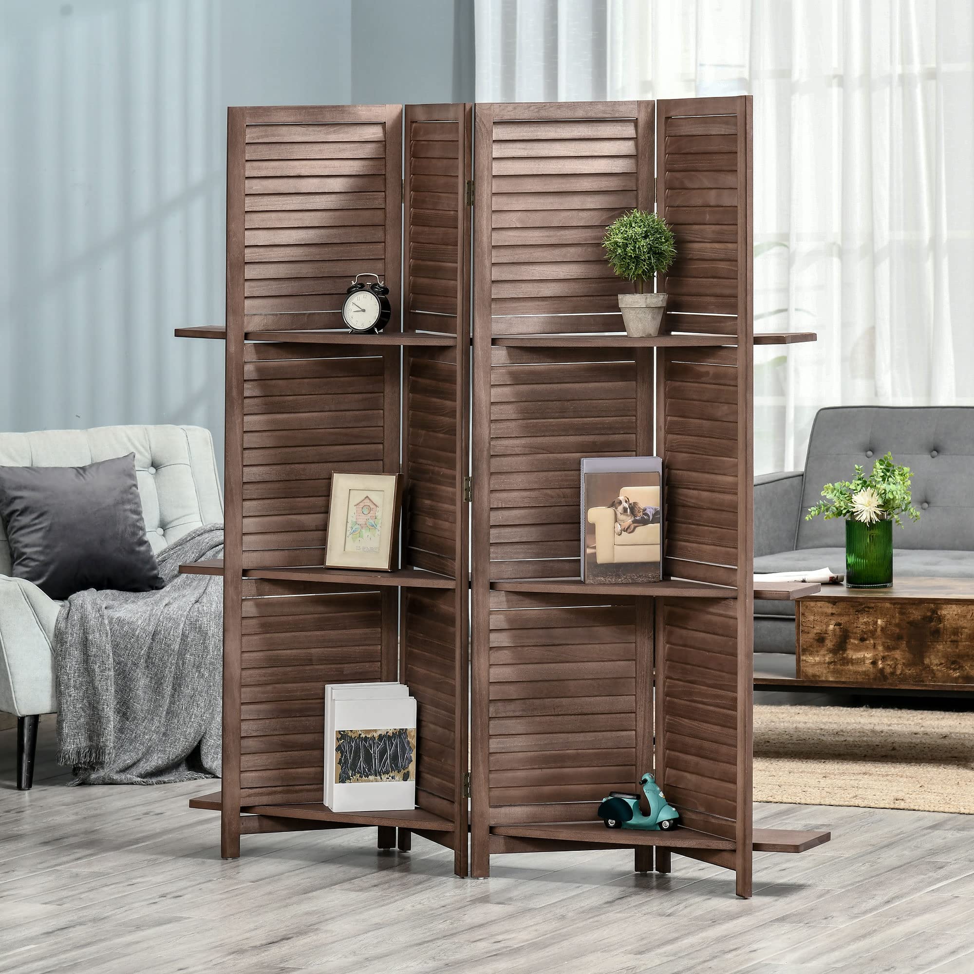 HOMCOM 4-Panel Folding Room Divider, 5.6 Ft Freestanding Paulownia Wood Privacy Screen Panel with Storage Shelves for Bedroom or Office, Walnut