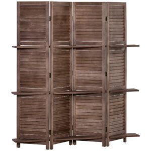 HOMCOM 4-Panel Folding Room Divider, 5.6 Ft Freestanding Paulownia Wood Privacy Screen Panel with Storage Shelves for Bedroom or Office, Walnut