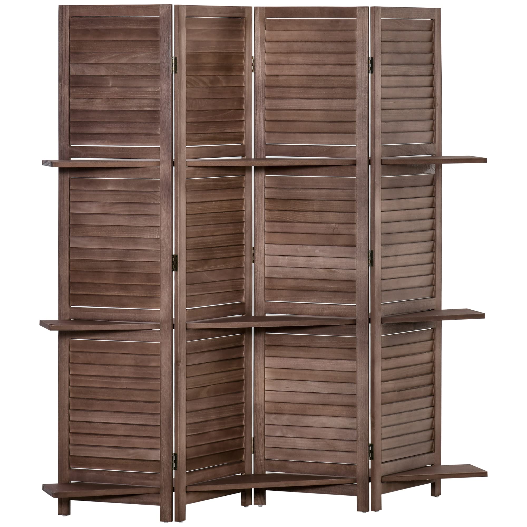 HOMCOM 4-Panel Folding Room Divider, 5.6 Ft Freestanding Paulownia Wood Privacy Screen Panel with Storage Shelves for Bedroom or Office, Walnut