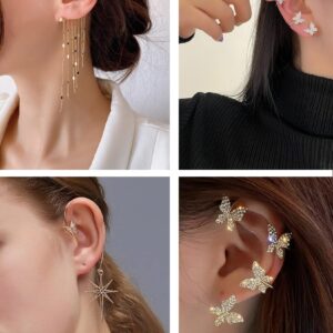 Tornito 4Pcs Butterfly Long Tassel Ear Cuff Dangle Chain Earrings Wrap Crawler CZ Earrings No Piercing Ear Clip Wrap Around Fake Earrings for Women Silver Tone Right Ear