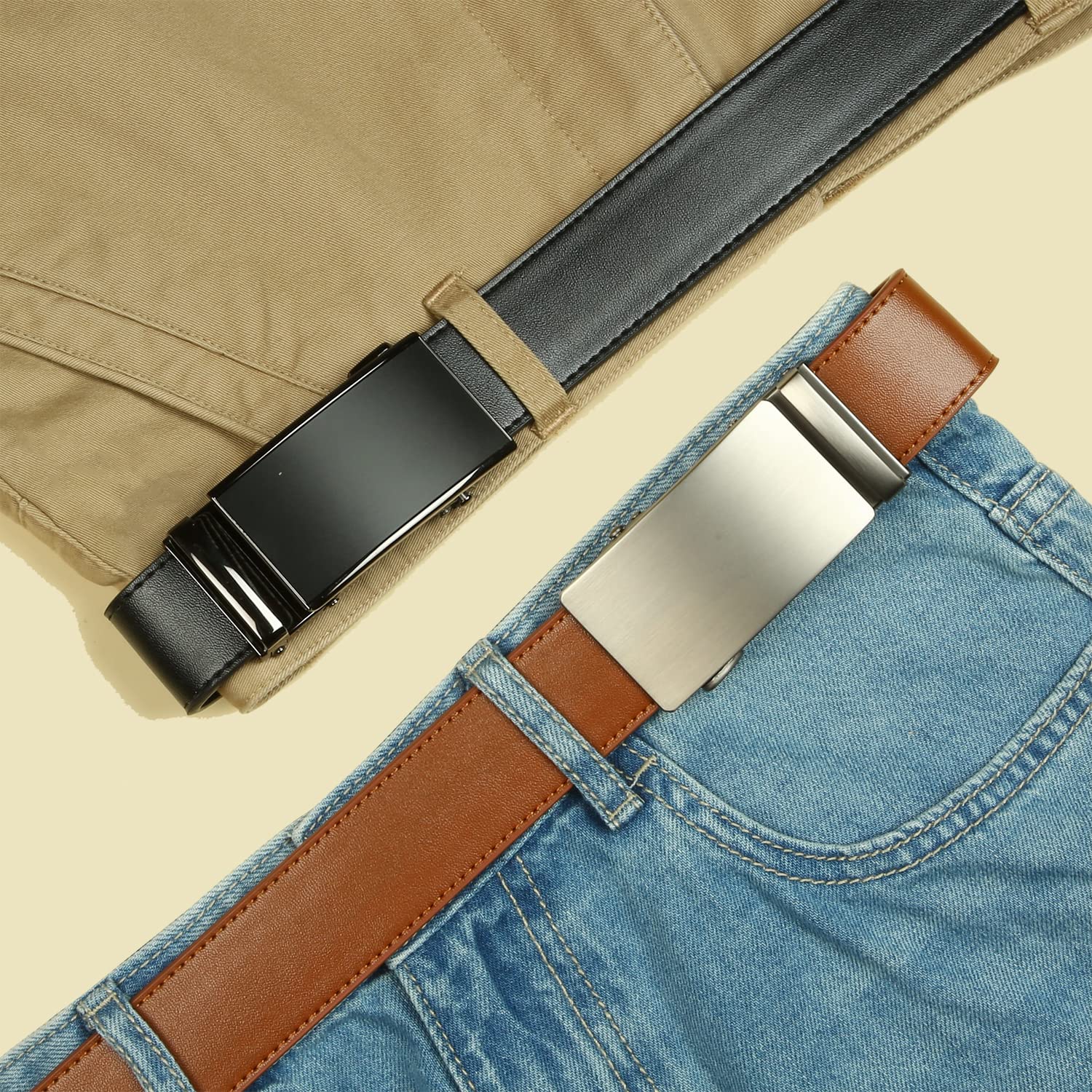 2 Pack Ratchet Belt 1 3/8", Leather Dress Belt with Click Sliding Buckle in Gift Set Box, Mens Adjustable Belt Trim to Fit (Black/Brown leather belt, 28"-42" Waist Adjustable)