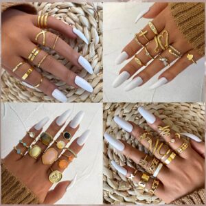 17KM 60Pcs Gold Crystal Vintage Ring Sets for Women, Boho Knuckle Stackable Midi Rings Pack, Aesthetic Grunge Finger Rings Sets for Jewelry