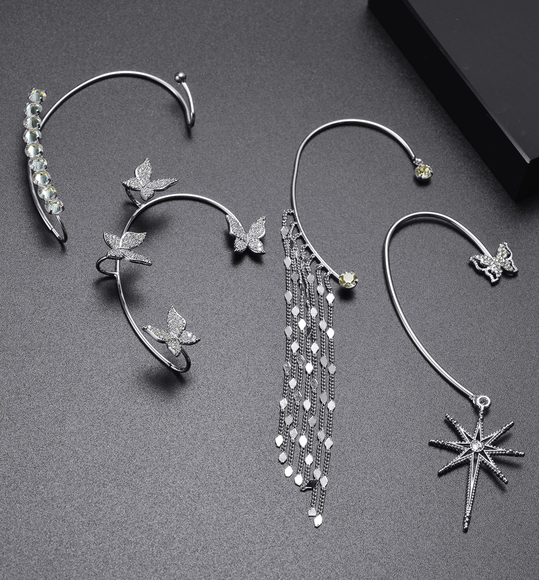 Tornito 4Pcs Butterfly Long Tassel Ear Cuff Dangle Chain Earrings Wrap Crawler CZ Earrings No Piercing Ear Clip Wrap Around Fake Earrings for Women Silver Tone Right Ear