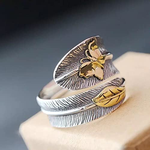 Butterfly Spoon Ring, Feather Ring Women Sterling Silver 925 Sterling Silver Ring for Men Women Leaf & Butterfly Adjustable Rings