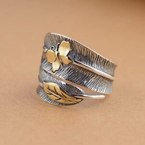 Butterfly Spoon Ring, Feather Ring Women Sterling Silver 925 Sterling Silver Ring for Men Women Leaf & Butterfly Adjustable Rings