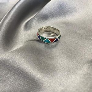 Southwestern Style Multi Gemstone 6mm Wedding Band 925 Sterling Silver Ring for Women Size 12