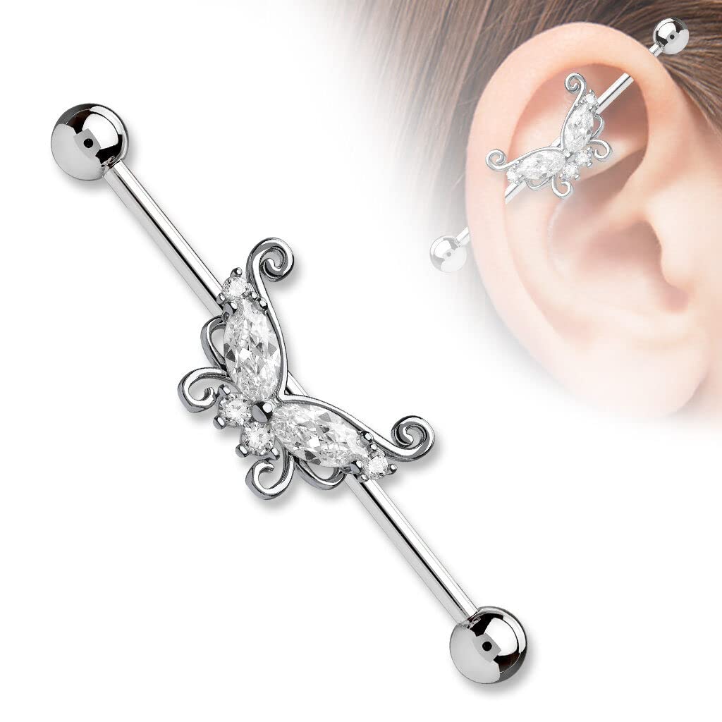 CZ Butterfly Rose Gold IP Surgical Steel Industrial Barbell Piercing 14g 1/2" - Clear