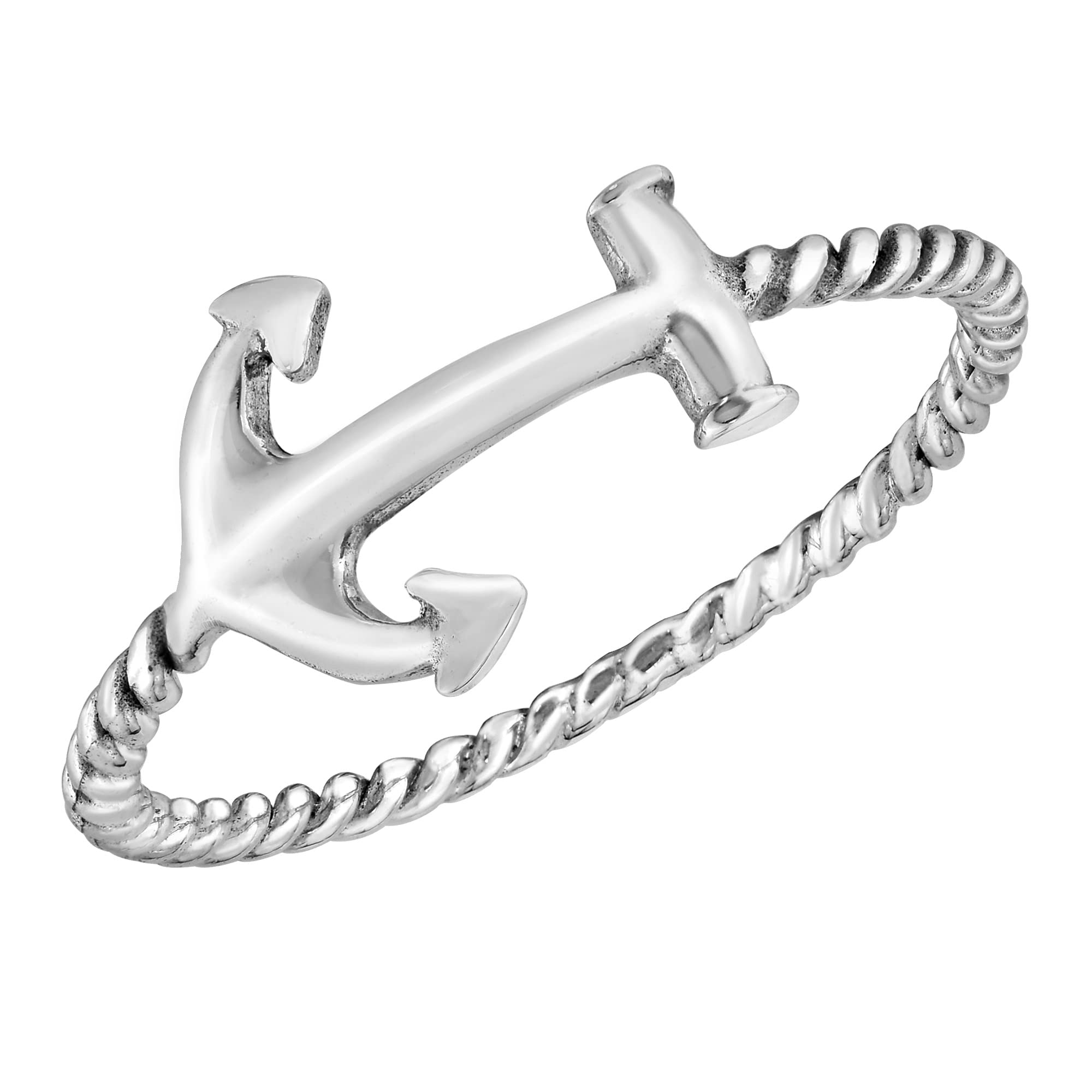 AeraVida Nautical Themed Inspirational Anchor with Braided Rope Sterling Silver Band Ring Sizes 7-9 for Versatile Daily Fashion & Sailing Inspired Style with a Cute & Trendy Vibe