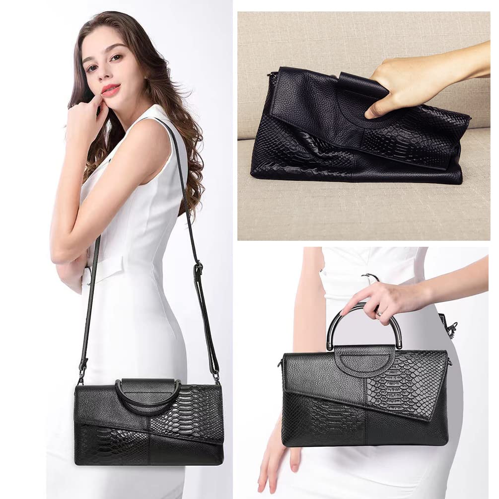 Meigardass Women Vintage Flap Tote Top Handle Satchel Handbags Leather Clutch Purse Shoulder Bag (Black)