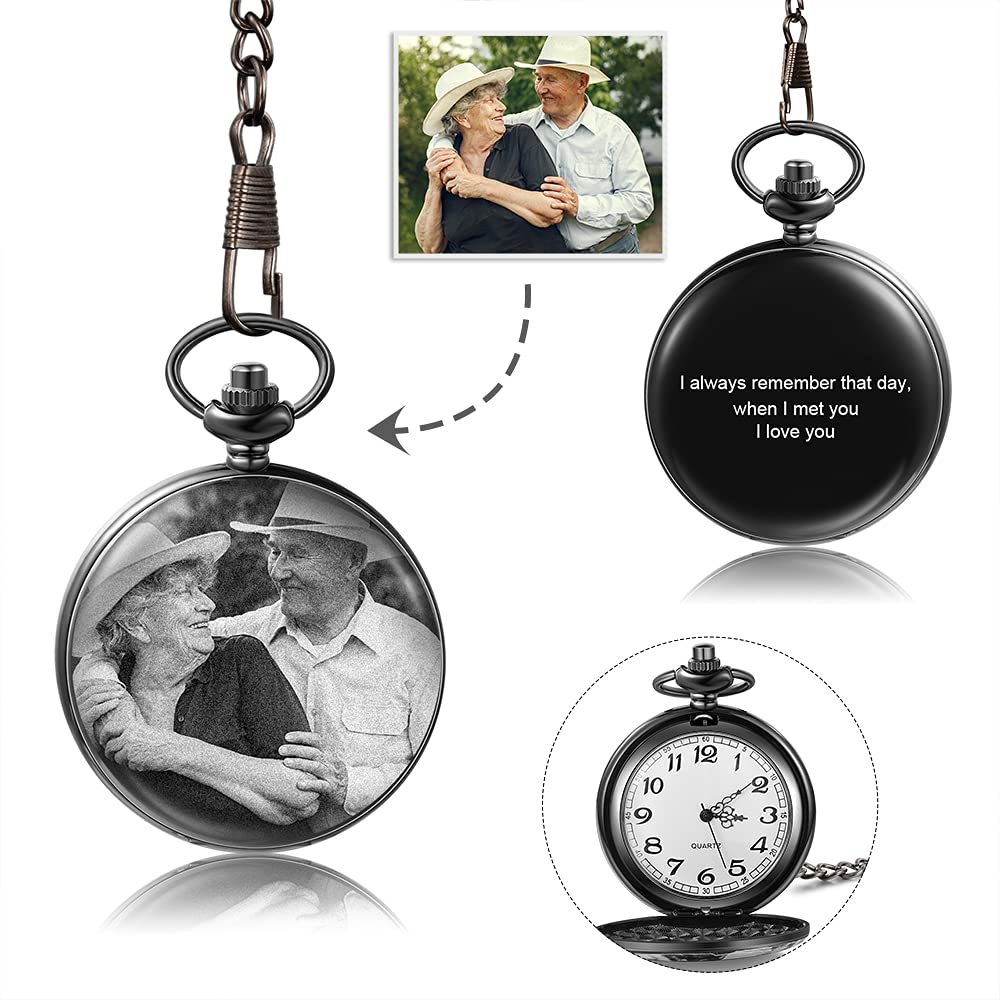 REMFACIO Personalized Pocket Watches for Men Custom Photos Pocket Watch Engraved Name Pocket Watch Dad Son Gifts for Fathers Day Birthday Gifts (Black 2)