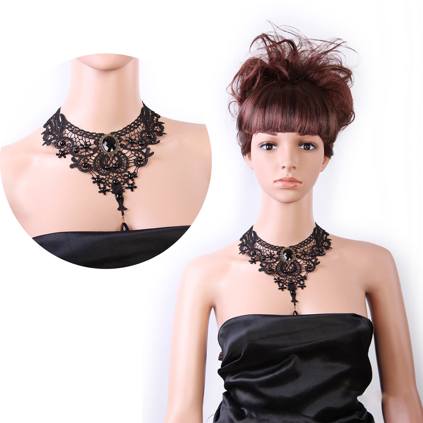 Faccubee 5 Pieces/Set Halloween Sexy Jewelry Women Lady Girl Elegant Goth Gothic Steampunk Lace Choker Necklace Black Neck Chain Collar Statement with pendant Victorian Wedding Party Cosplay