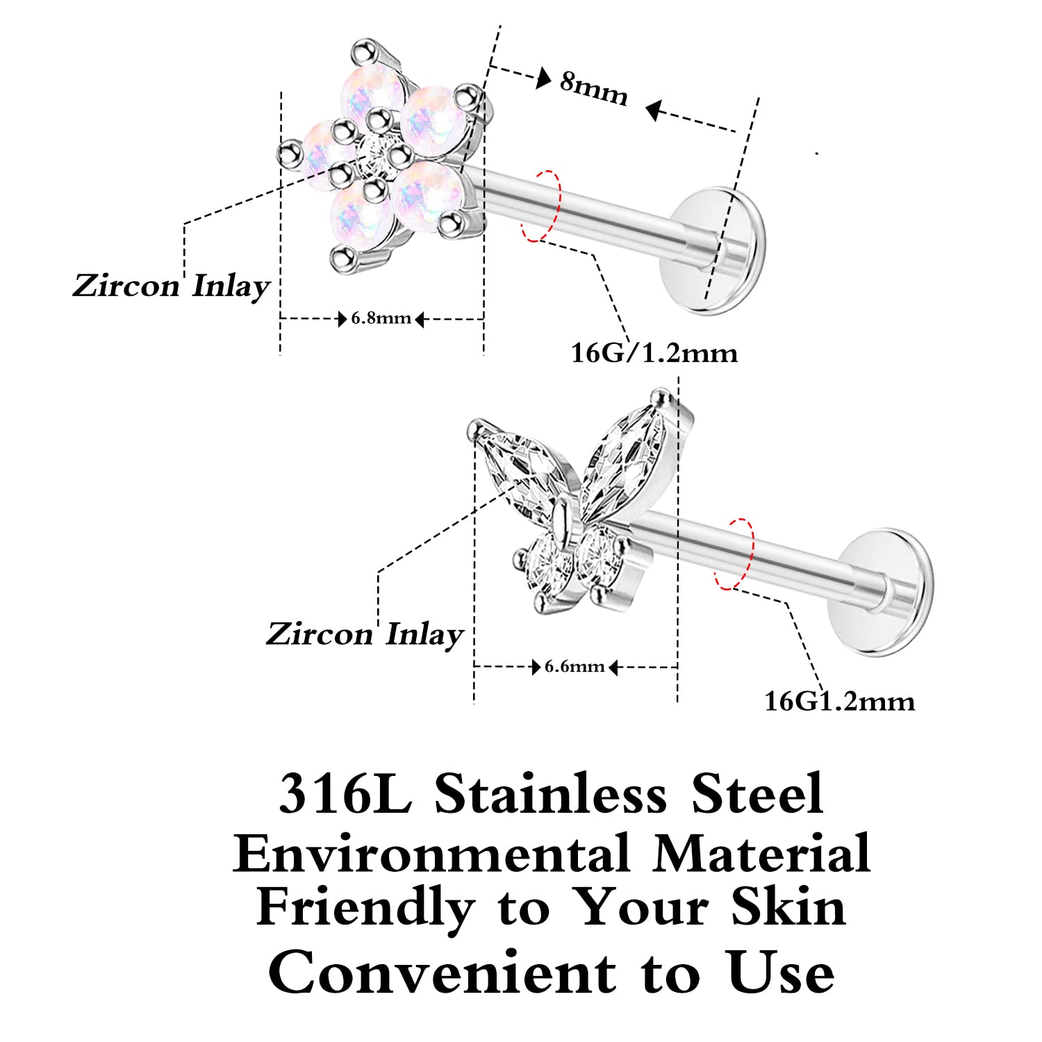 CHARMONLINE Top Push in Threadless 316L Surgical Steel Flat Back Stud for Nose Lip Stud Bone Studs Butterfly,Flower Nose Piercing Jewelry for Women Men…… (Color A, 1.2)
