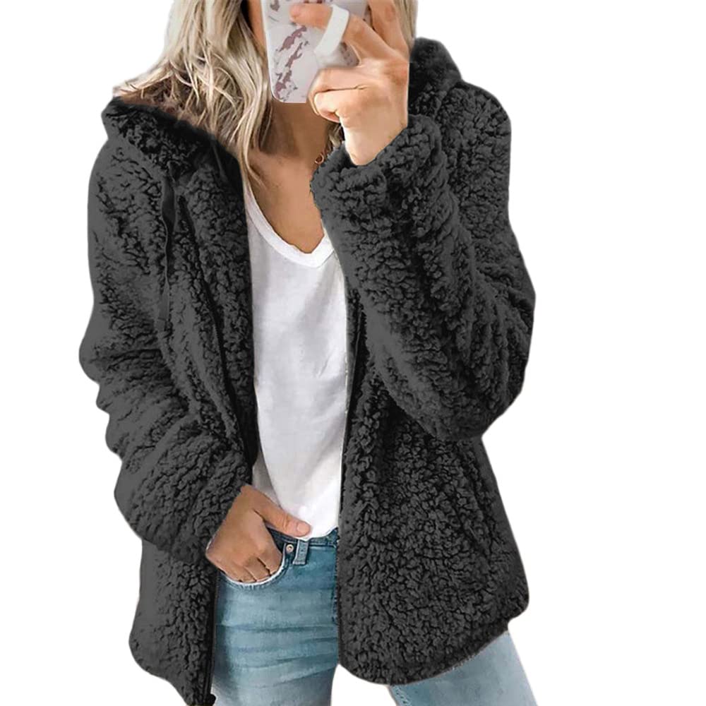 Mayntop Women Furry Jacket Hooded Coat Plus Size Solid Color Polar Fleece Plain Shearling Sherpa Pocket Lambswool Zipper Outerwear(A Black,3XL)