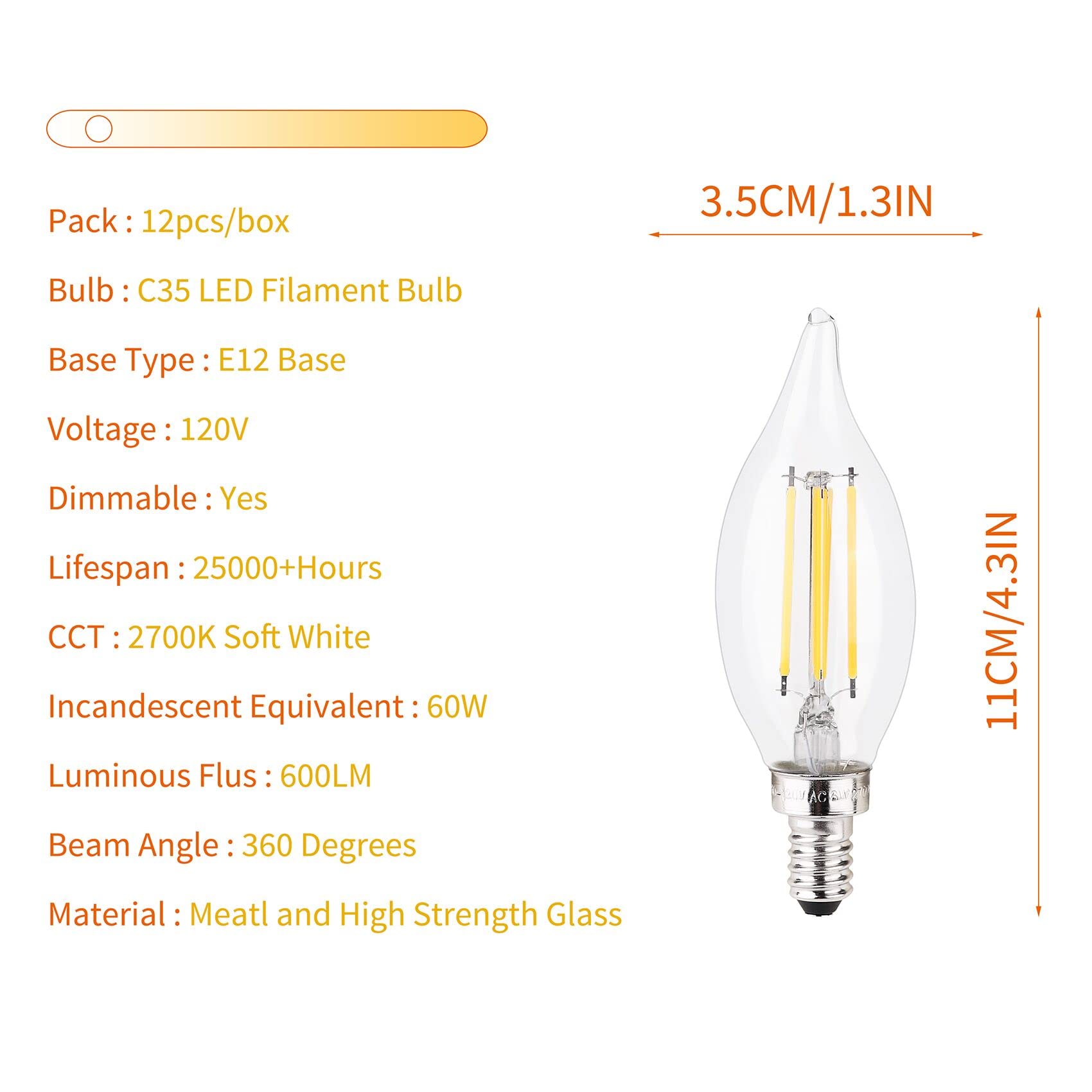 E12 Candelabra Bulb 60 watt, Dimmable LED Bulbs Filament Candle Light Bulbs 600LM 2700K Soft Warm White Light Clear Glass Chandelier Edision Bulbs, UL Listed, Flame Tip Style, 12 Pack