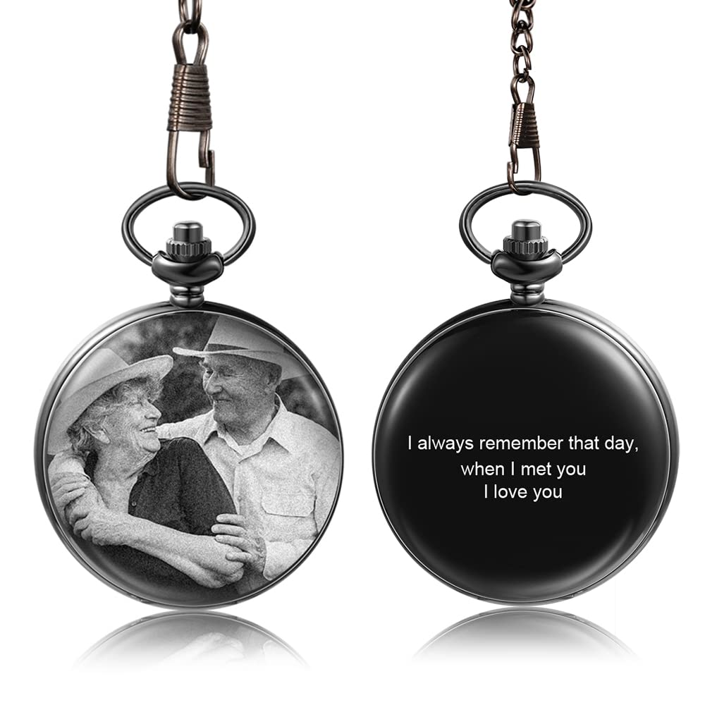 REMFACIO Personalized Pocket Watches for Men Custom Photos Pocket Watch Engraved Name Pocket Watch Dad Son Gifts for Fathers Day Birthday Gifts (Black 2)