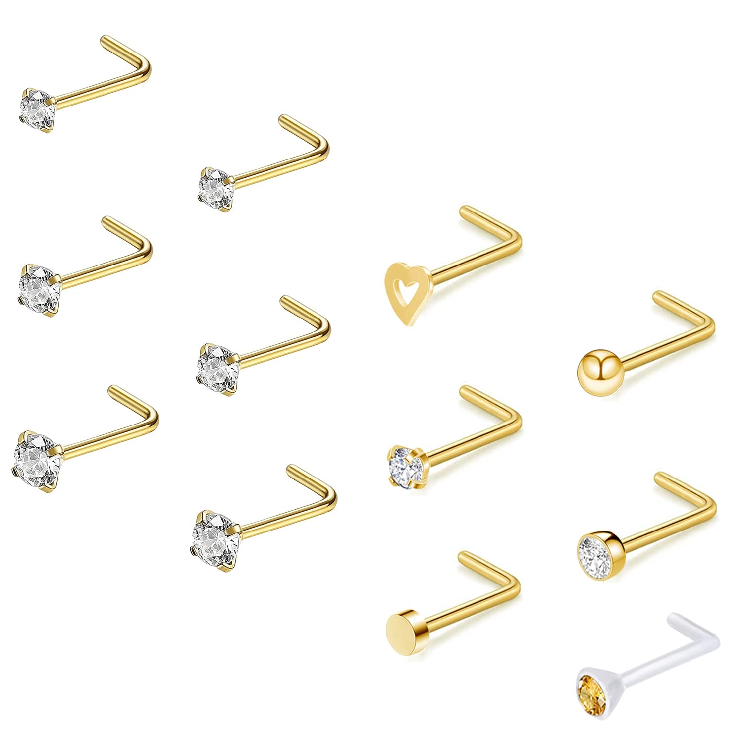 ZS 12Pcs 20G Nose Studs Rings - Surgical Steel L Shape Nose Bone Nose Screw CZ Nostril Piercing Jewelry for Women (Gold,L Shaped Nose Rings)