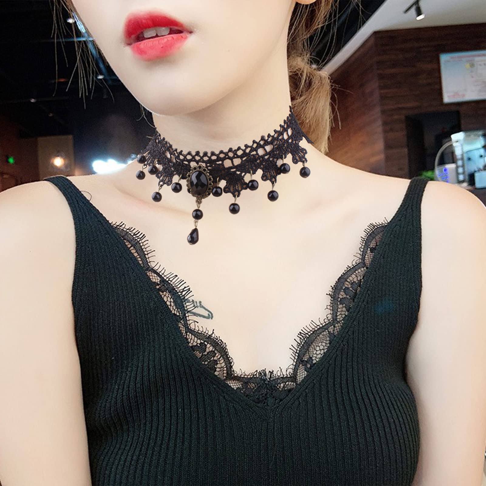 Faccubee 5 Pieces/Set Halloween Sexy Jewelry Women Lady Girl Elegant Goth Gothic Steampunk Lace Choker Necklace Black Neck Chain Collar Statement with pendant Victorian Wedding Party Cosplay