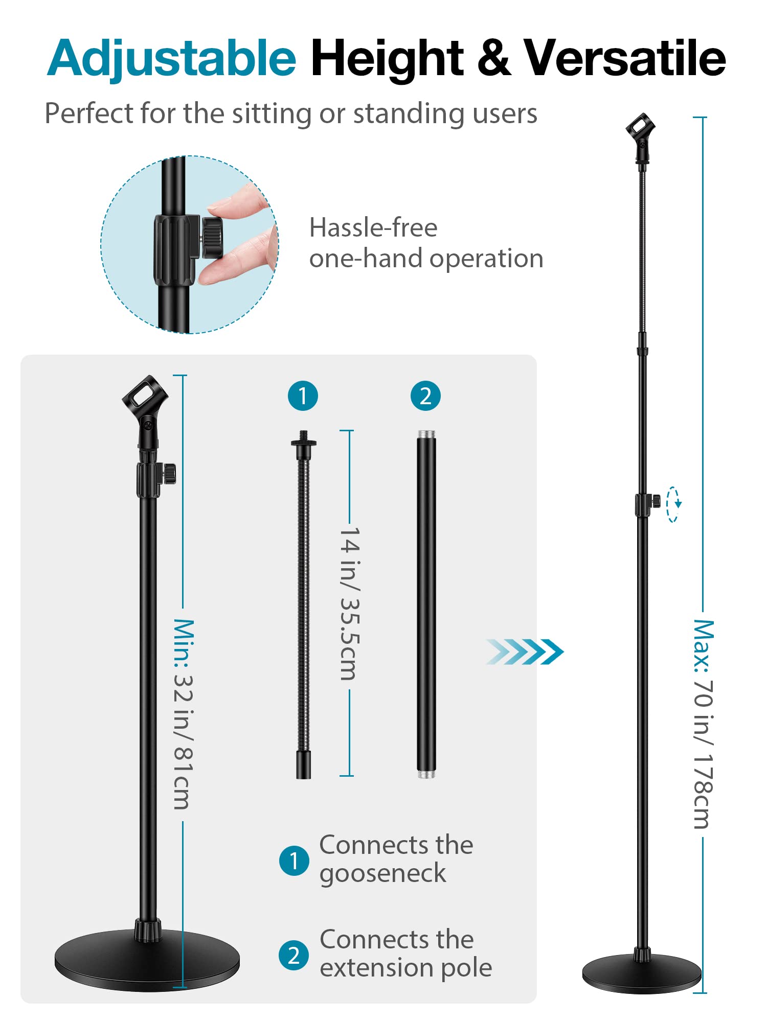 InnoGear Microphone Stand, Mic Stand Detachable Gooseneck Mic Floor Stand Height Adjustable from 32” to 70” with Weighted Round Base for Blue Yeti Blue Snowball Shure SM7B Shure SM58 Samson Q2U